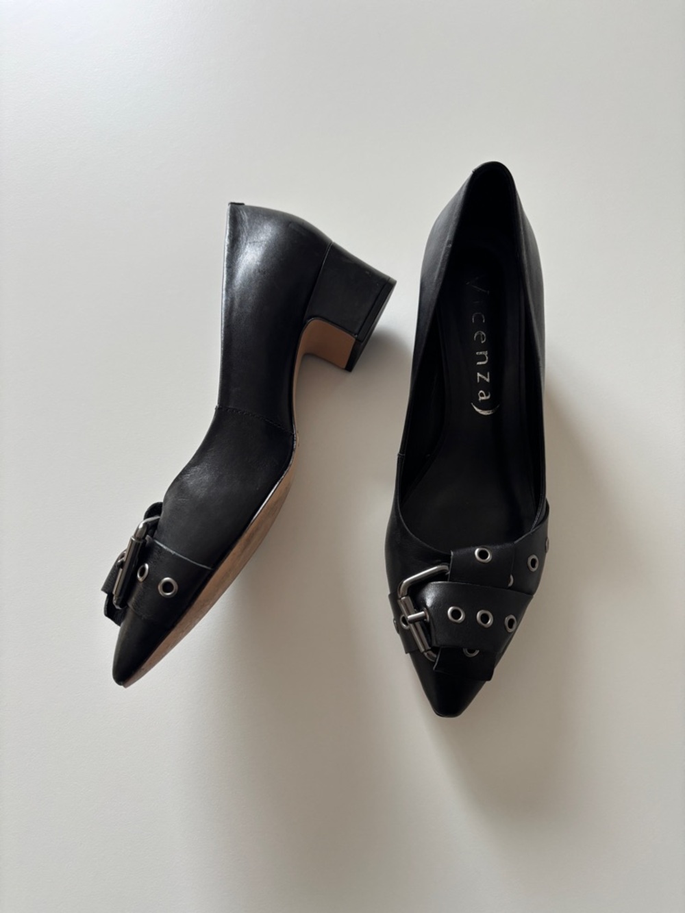 Vicenza Black Leather Pointed Block Heel Pumps with Buckle